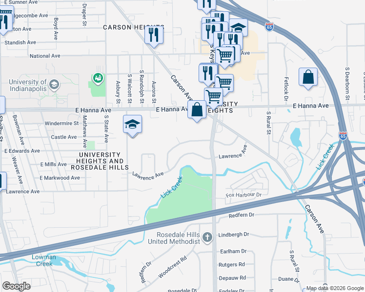 map of restaurants, bars, coffee shops, grocery stores, and more near 2129 Radcliffe Avenue in Indianapolis