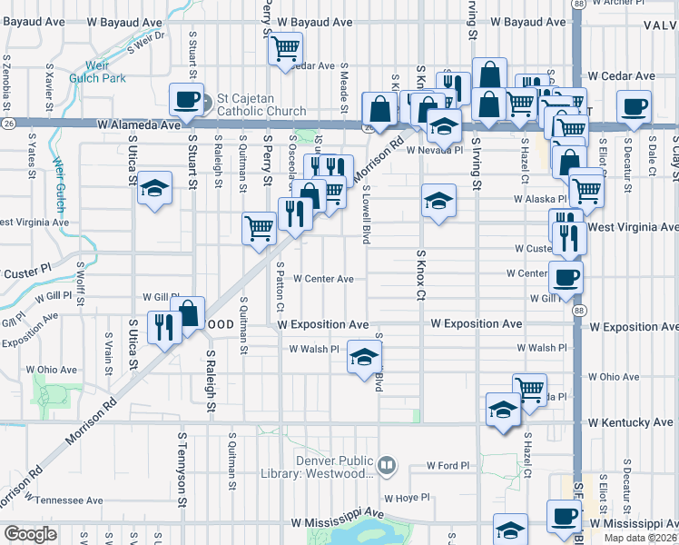 map of restaurants, bars, coffee shops, grocery stores, and more near 572 South Meade Street in Denver