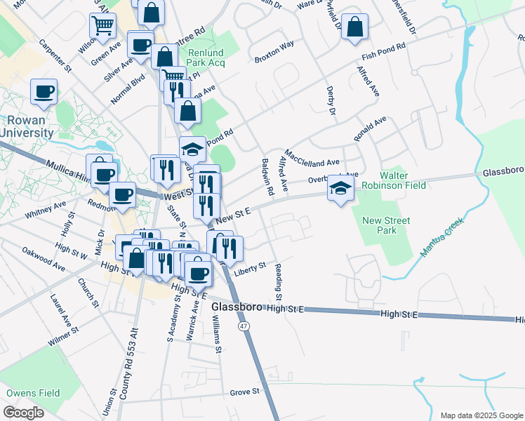 map of restaurants, bars, coffee shops, grocery stores, and more near 228 New Street East in Glassboro