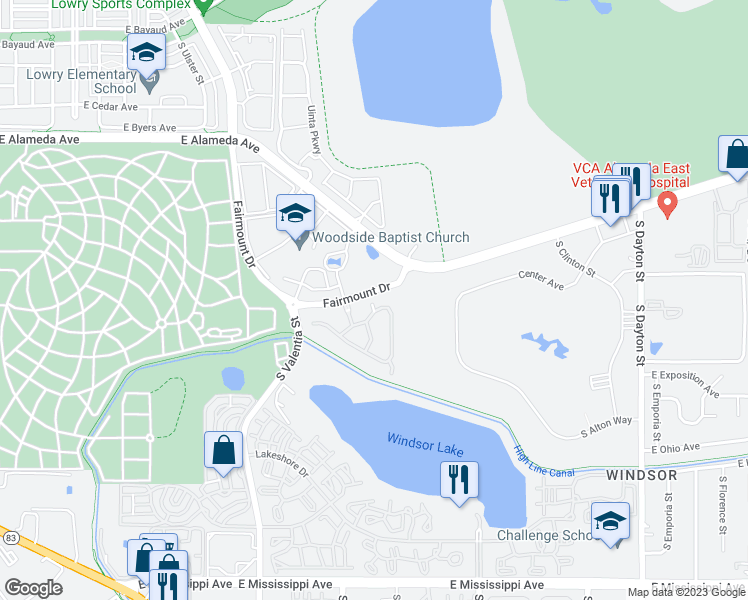 map of restaurants, bars, coffee shops, grocery stores, and more near 8680 East Alameda Avenue in Denver