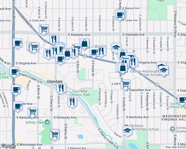 map of restaurants, bars, coffee shops, grocery stores, and more near 580 South Forest Street in Denver