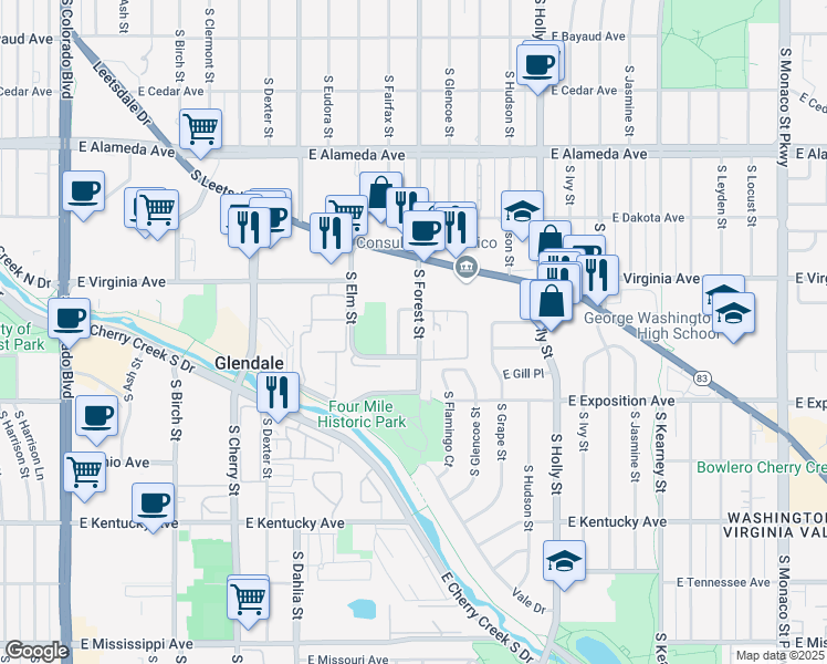 map of restaurants, bars, coffee shops, grocery stores, and more near 580 South Forest Street in Denver