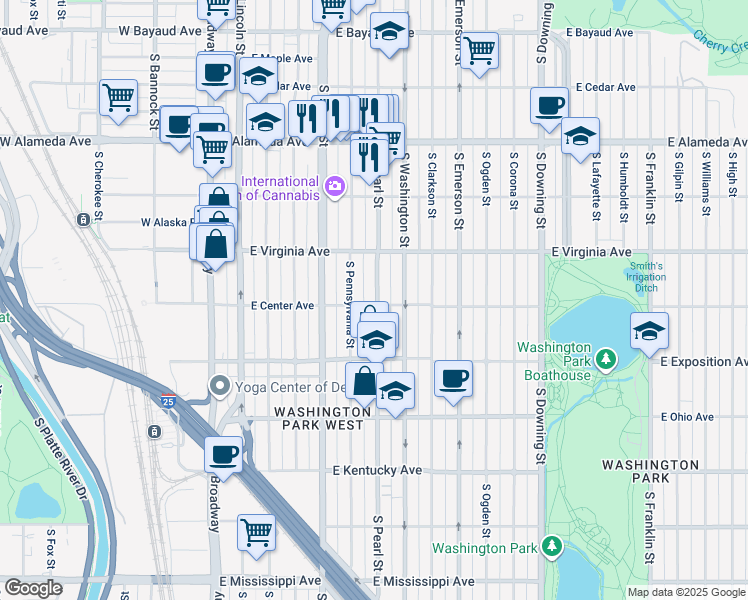 map of restaurants, bars, coffee shops, grocery stores, and more near 551 South Pearl Street in Denver