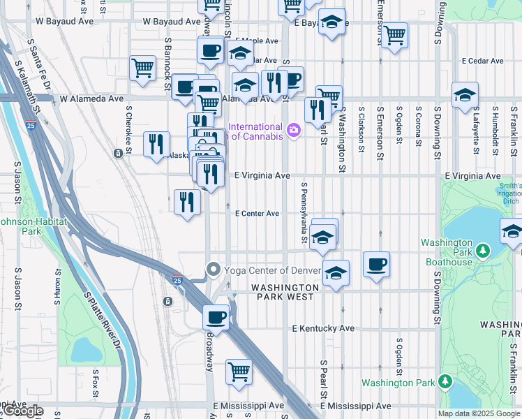 map of restaurants, bars, coffee shops, grocery stores, and more near 556 South Sherman Street in Denver