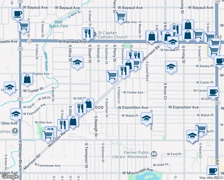map of restaurants, bars, coffee shops, grocery stores, and more near 618 South Quitman Street in Denver
