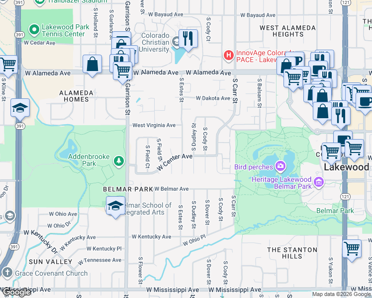 map of restaurants, bars, coffee shops, grocery stores, and more near 548 South Dudley Street in Lakewood