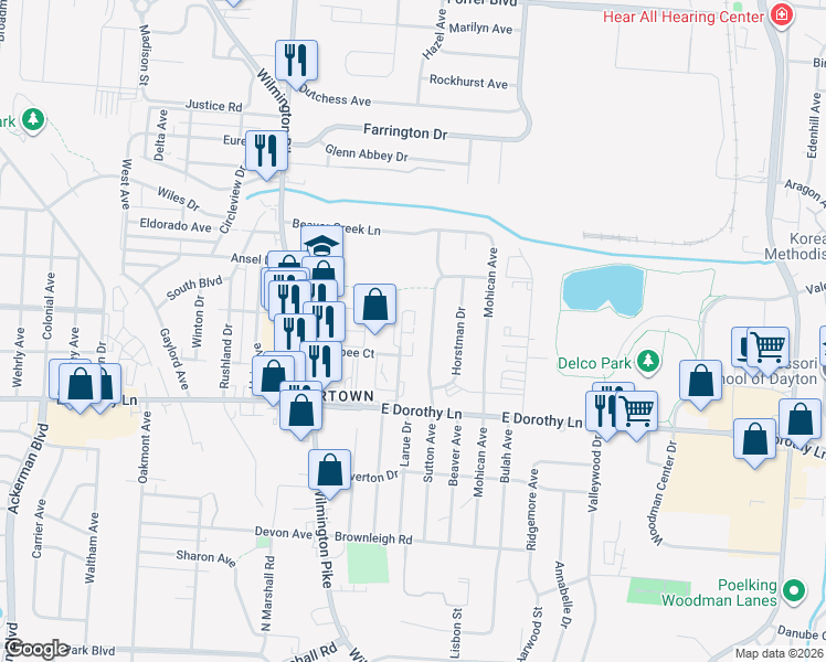 map of restaurants, bars, coffee shops, grocery stores, and more near 2750 Bobbie Place in Dayton