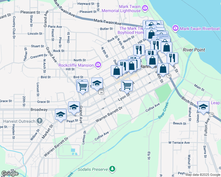 map of restaurants, bars, coffee shops, grocery stores, and more near 820 Broadway in Hannibal