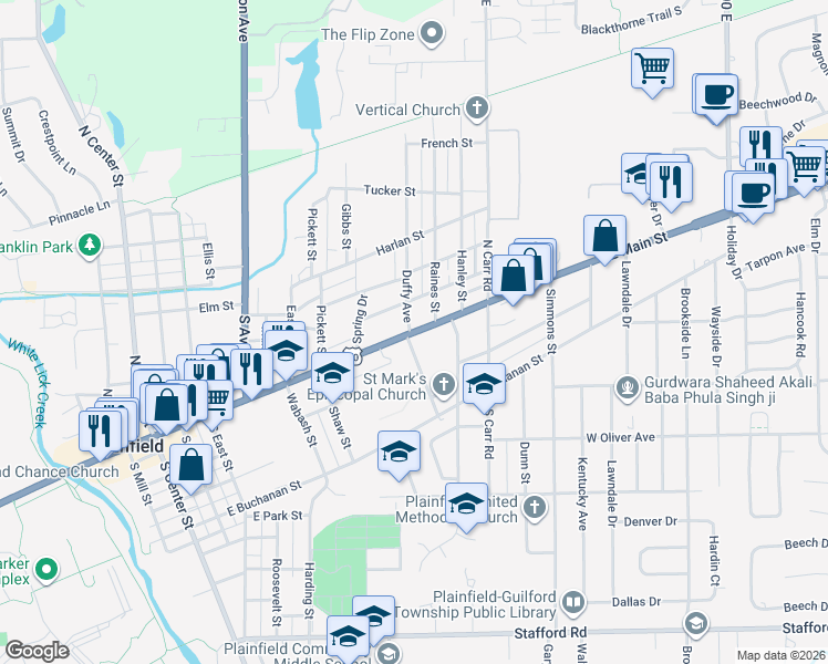 map of restaurants, bars, coffee shops, grocery stores, and more near 706 E Main St in Plainfield