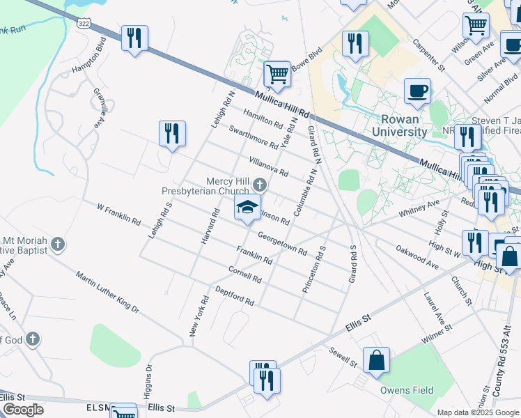 map of restaurants, bars, coffee shops, grocery stores, and more near 224 University Boulevard in Glassboro