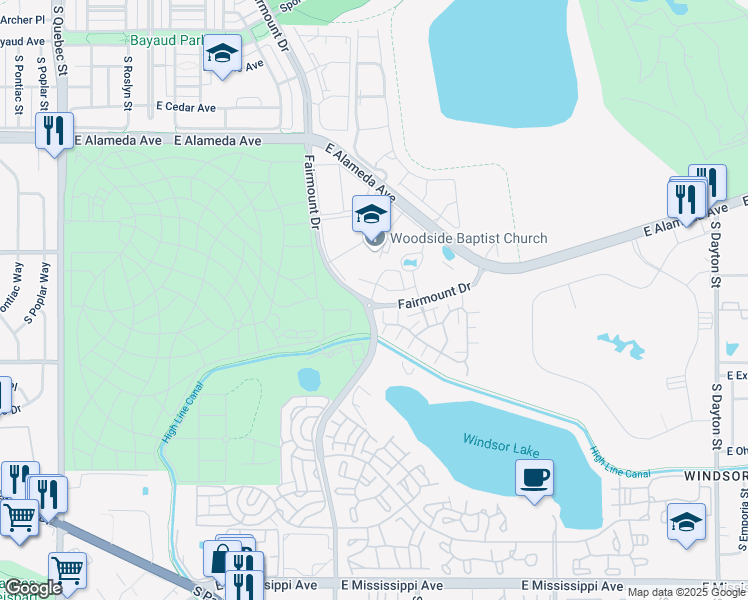 map of restaurants, bars, coffee shops, grocery stores, and more near 8535 South Fairmount Drive in Denver