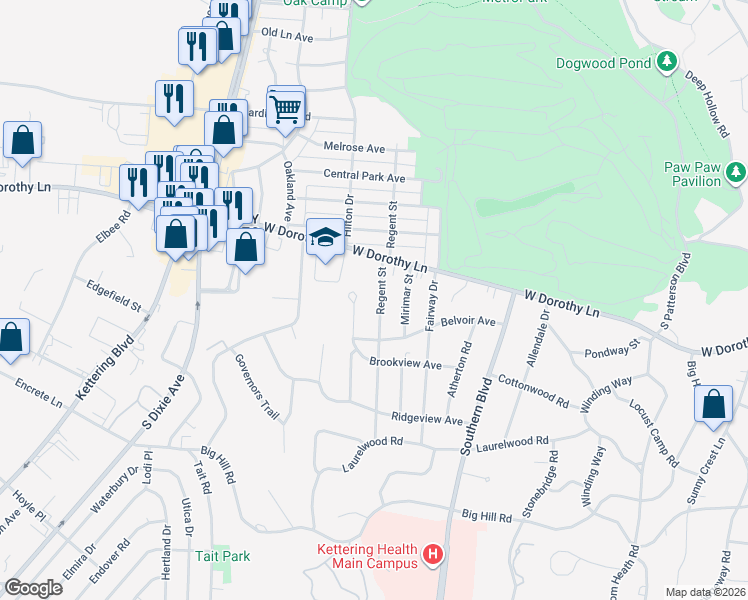 map of restaurants, bars, coffee shops, grocery stores, and more near 3025 Regent Street in Dayton