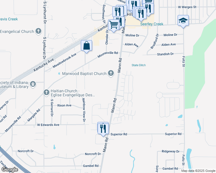 map of restaurants, bars, coffee shops, grocery stores, and more near 4012 Mann Road in Indianapolis