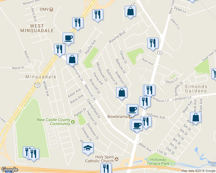 map of restaurants, bars, coffee shops, grocery stores, and more near 440 Morehouse Drive in Wilmington