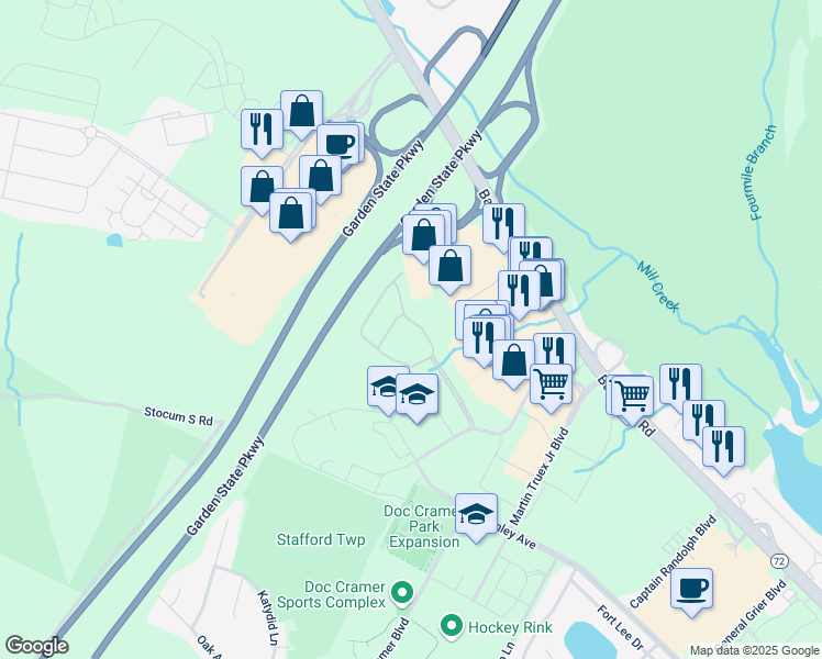 map of restaurants, bars, coffee shops, grocery stores, and more near 76 Bryce Lane in Stafford Township