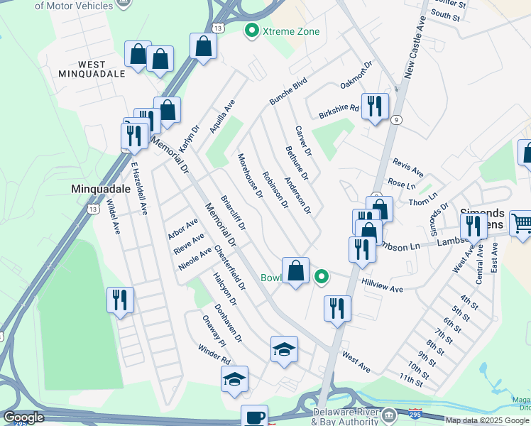 map of restaurants, bars, coffee shops, grocery stores, and more near 440 Morehouse Drive in Wilmington