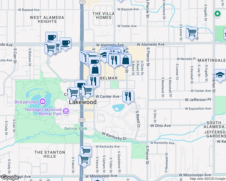 map of restaurants, bars, coffee shops, grocery stores, and more near 7241 West Custer Avenue in Lakewood