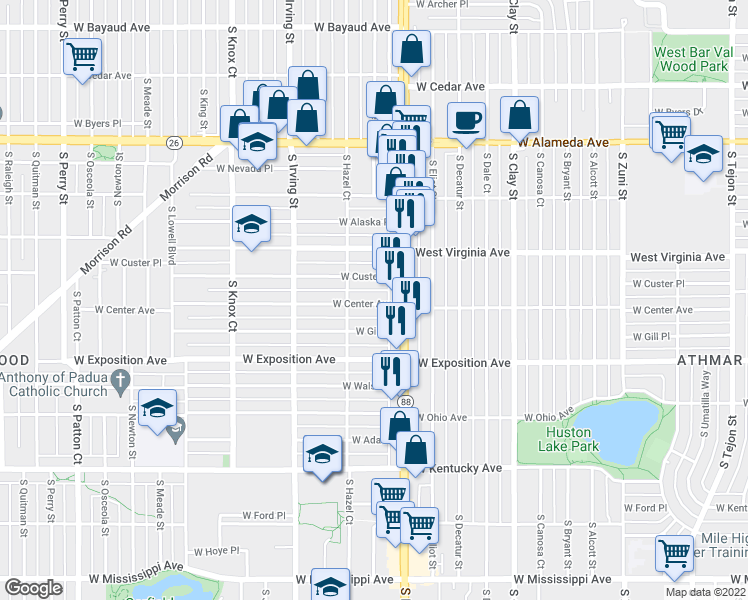 map of restaurants, bars, coffee shops, grocery stores, and more near 3097 West Center Avenue in Denver