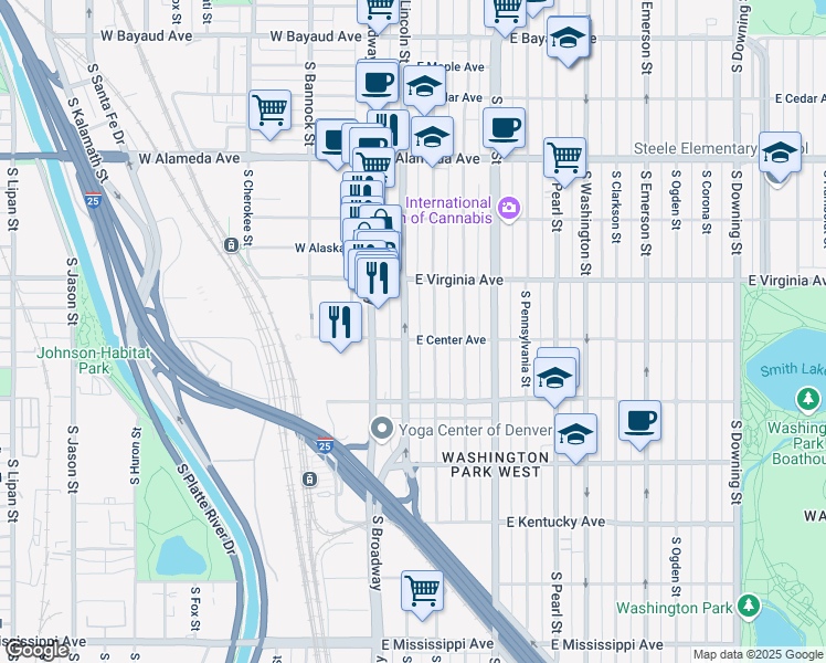 map of restaurants, bars, coffee shops, grocery stores, and more near 594 South Lincoln Street in Denver