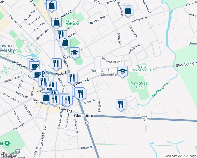 map of restaurants, bars, coffee shops, grocery stores, and more near 234 New Street East in Glassboro