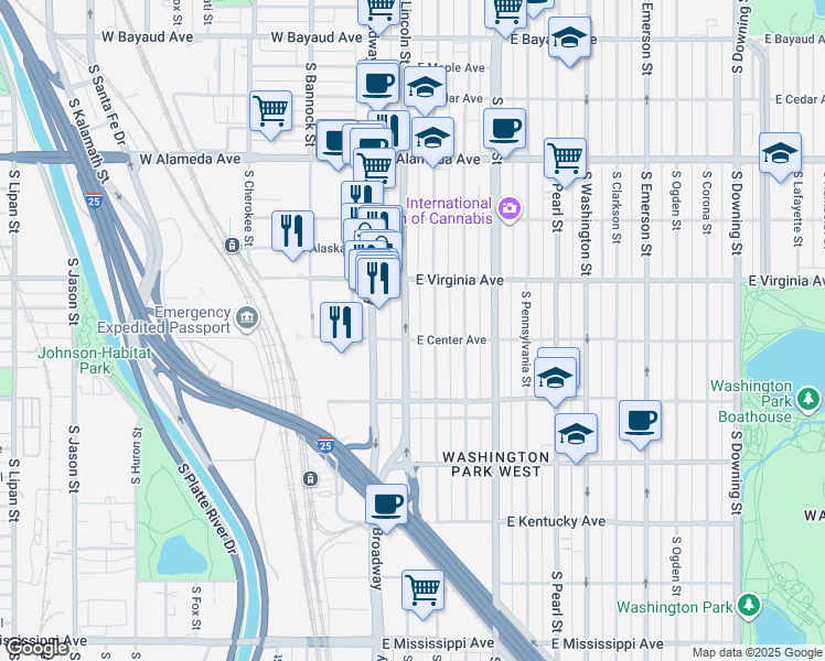 map of restaurants, bars, coffee shops, grocery stores, and more near 559 South Lincoln Street in Denver