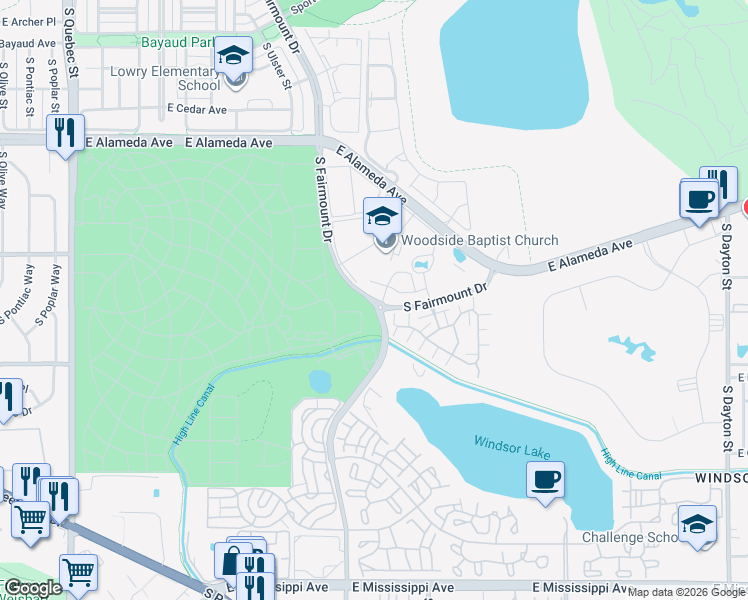 map of restaurants, bars, coffee shops, grocery stores, and more near 8555 Fairmount Drive in Denver
