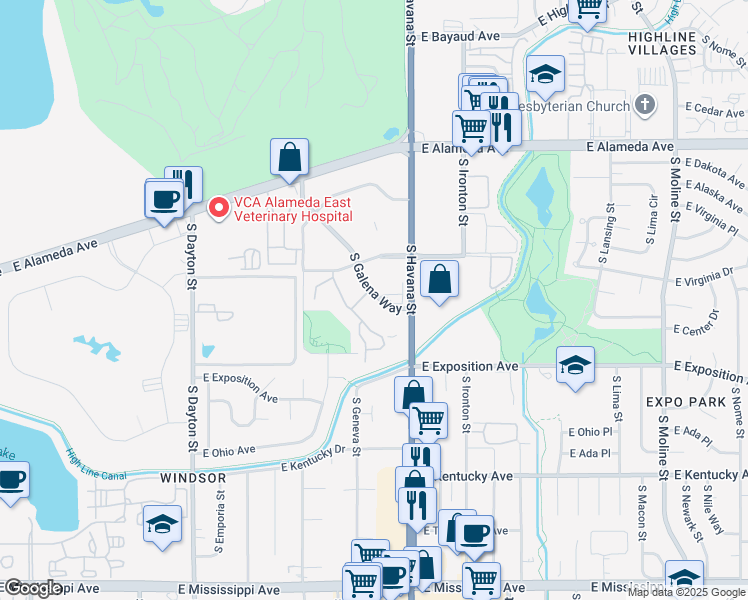 map of restaurants, bars, coffee shops, grocery stores, and more near 4 South Galena Way in Denver