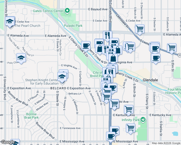 map of restaurants, bars, coffee shops, grocery stores, and more near 510 South Harrison Lane in Denver