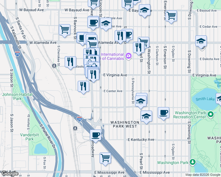 map of restaurants, bars, coffee shops, grocery stores, and more near 556 South Sherman Street in Denver