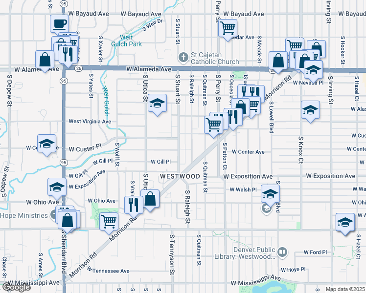 map of restaurants, bars, coffee shops, grocery stores, and more near 571 South Stuart Street in Denver