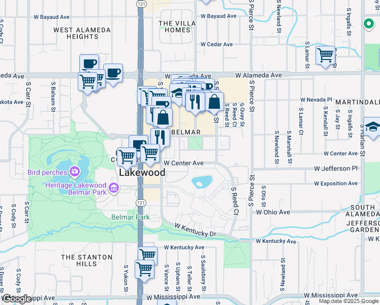 map of restaurants, bars, coffee shops, grocery stores, and more near 538 South Upham Street in Lakewood