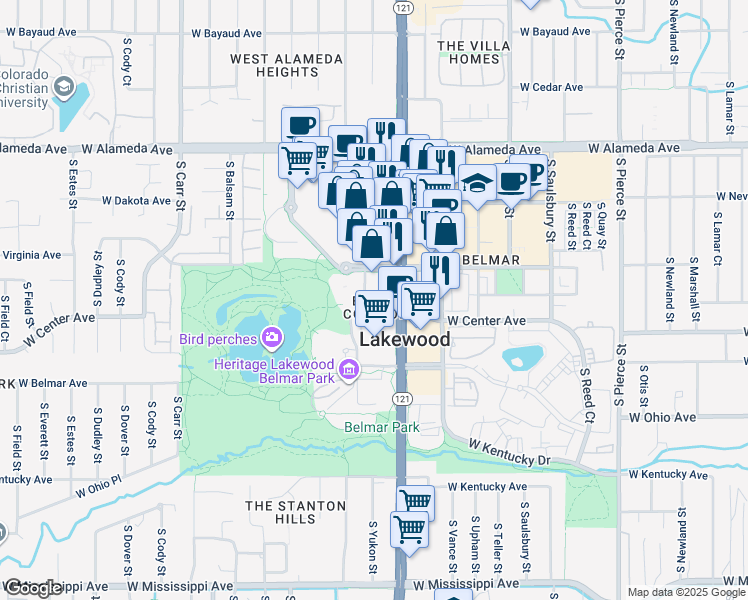 map of restaurants, bars, coffee shops, grocery stores, and more near 7700 South Yarrow Street in Lakewood