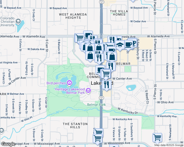 map of restaurants, bars, coffee shops, grocery stores, and more near 7700 South Yarrow Street in Lakewood