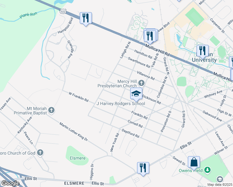 map of restaurants, bars, coffee shops, grocery stores, and more near 405 Georgetown Road in Glassboro