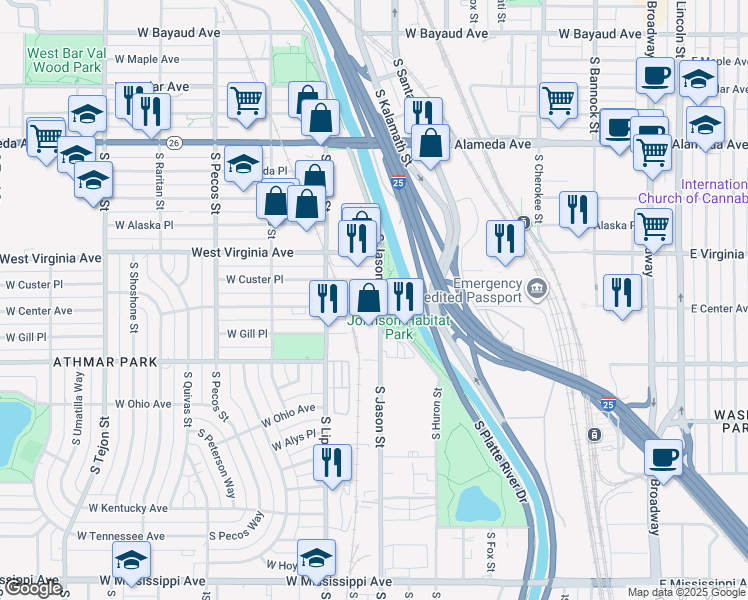 map of restaurants, bars, coffee shops, grocery stores, and more near 1140 West Custer Place in Denver