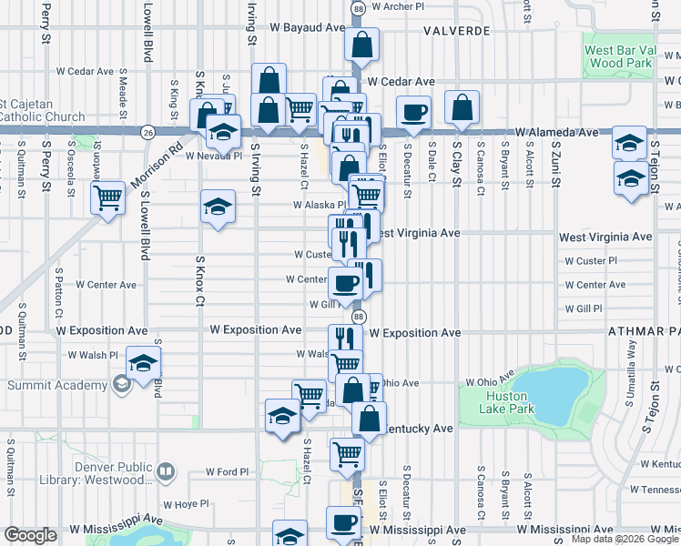 map of restaurants, bars, coffee shops, grocery stores, and more near 555 South Federal Boulevard in Denver