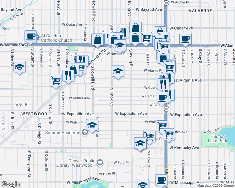 map of restaurants, bars, coffee shops, grocery stores, and more near 3412 West Custer Place in Denver