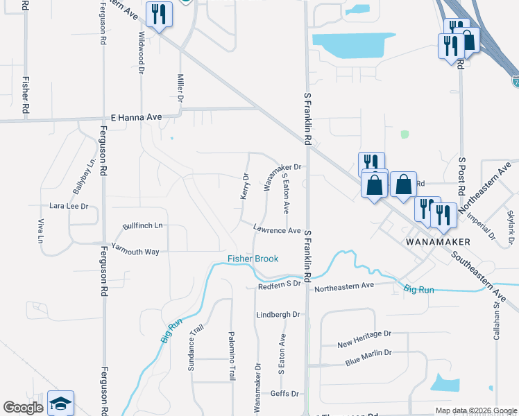 map of restaurants, bars, coffee shops, grocery stores, and more near 4230 Wanamaker Drive in Indianapolis
