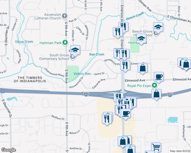 map of restaurants, bars, coffee shops, grocery stores, and more near 406 Gerry Drive in Beech Grove
