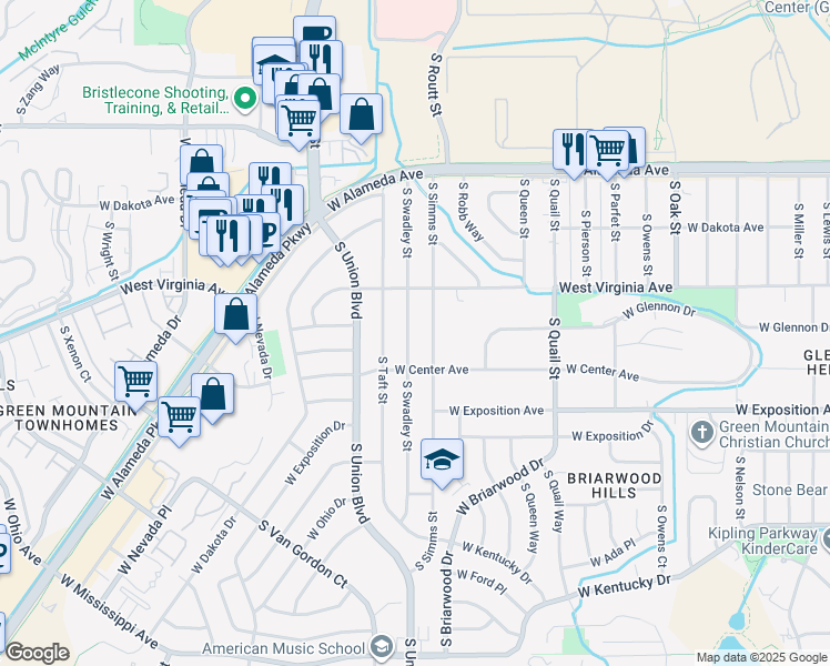map of restaurants, bars, coffee shops, grocery stores, and more near 531 South Simms Street in Lakewood