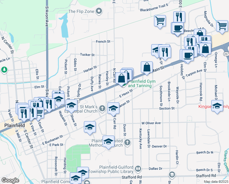 map of restaurants, bars, coffee shops, grocery stores, and more near Carr Road in Plainfield
