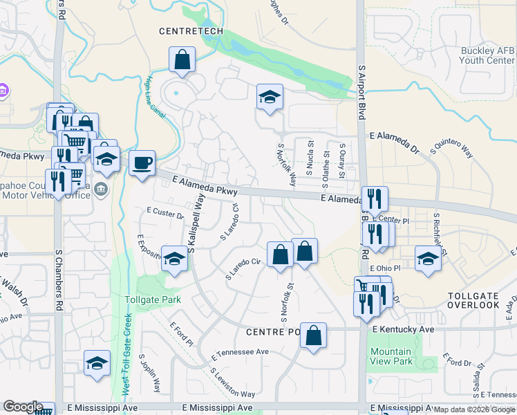 map of restaurants, bars, coffee shops, grocery stores, and more near 516 South Memphis Way in Aurora