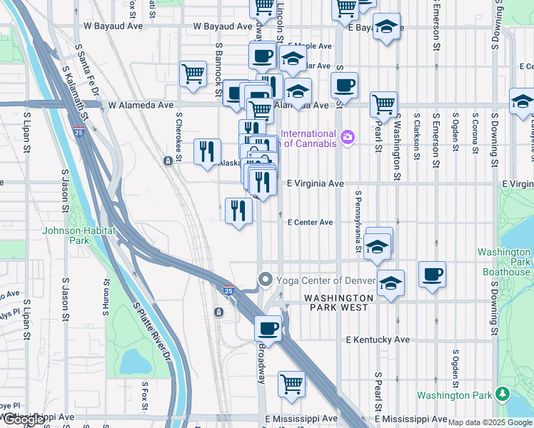 map of restaurants, bars, coffee shops, grocery stores, and more near 559 South Lincoln Street in Denver