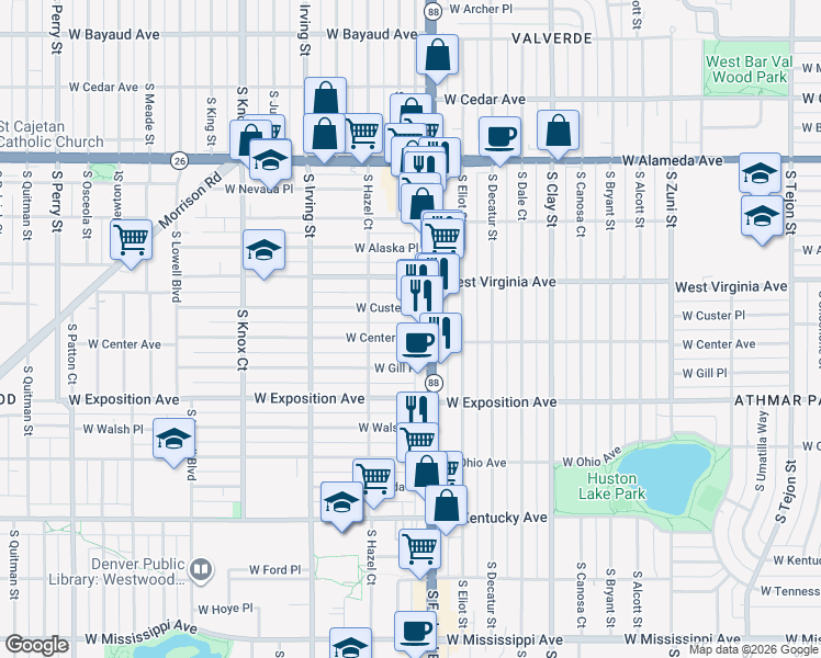 map of restaurants, bars, coffee shops, grocery stores, and more near 555 South Federal Boulevard in Denver