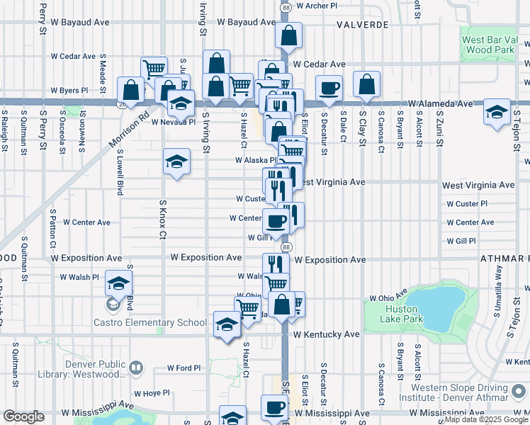 map of restaurants, bars, coffee shops, grocery stores, and more near 3134 West Custer Place in Denver