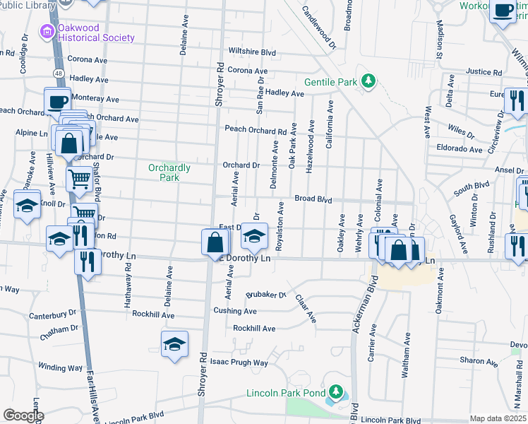 map of restaurants, bars, coffee shops, grocery stores, and more near 608 Broad Boulevard in Dayton