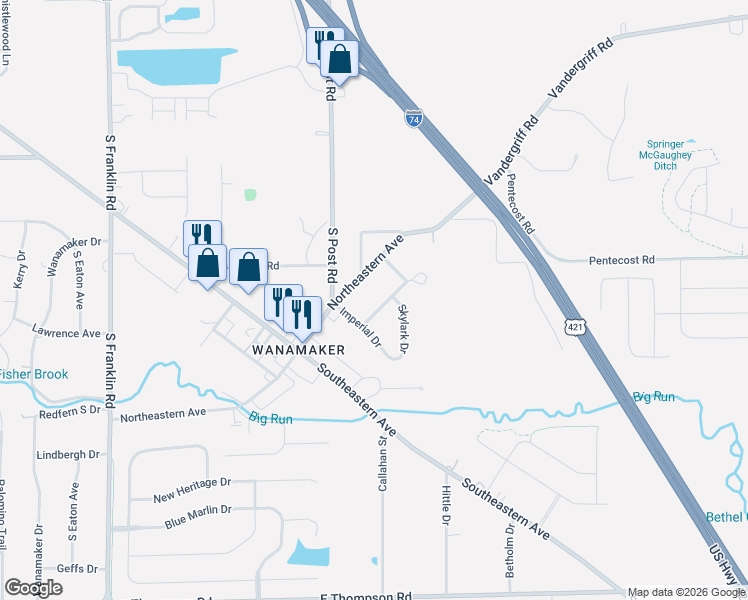 map of restaurants, bars, coffee shops, grocery stores, and more near 9055 Northeastern Avenue in Indianapolis