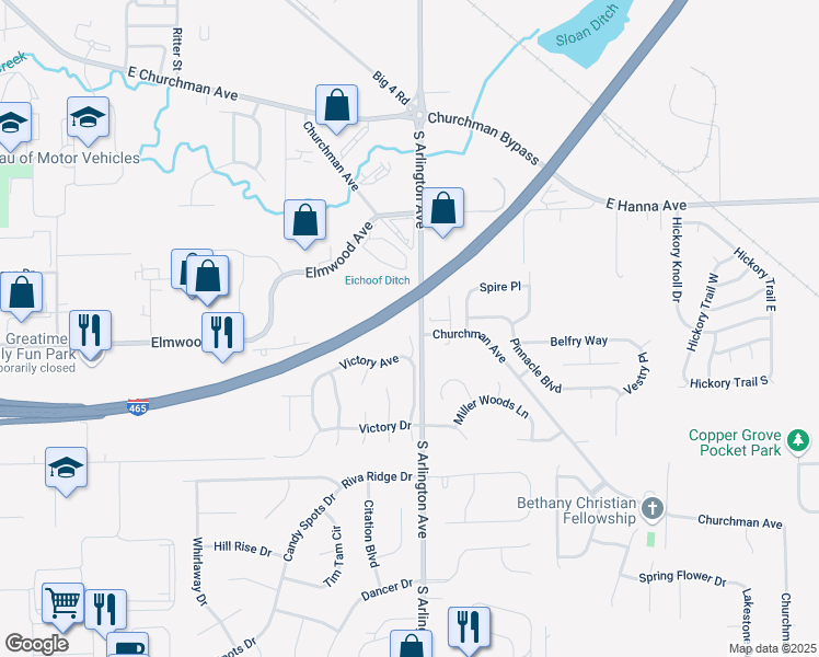 map of restaurants, bars, coffee shops, grocery stores, and more near 4224 Victory Court in Indianapolis