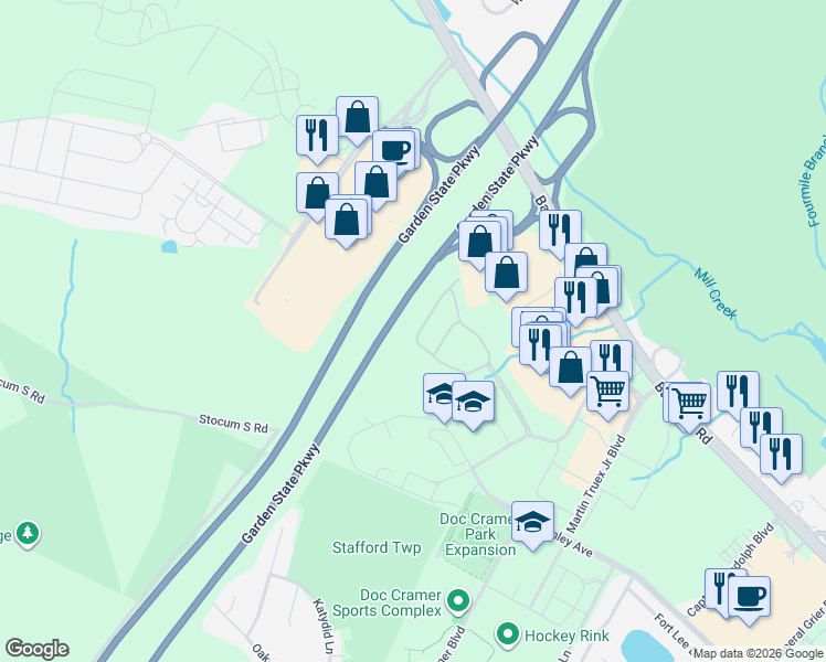 map of restaurants, bars, coffee shops, grocery stores, and more near 95 Melanie Way in Stafford Township