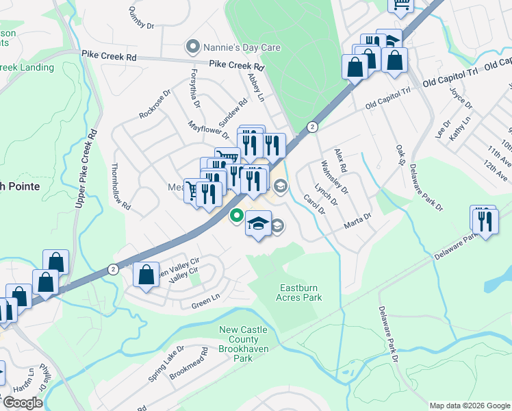 map of restaurants, bars, coffee shops, grocery stores, and more near 2624 Capitol Trail in Newark